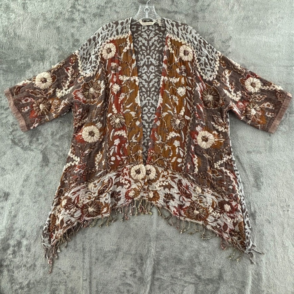 Soft Surroundings Pasha Boho Open Fringe Cardigan L/XL Wool Pumpkin Leopard